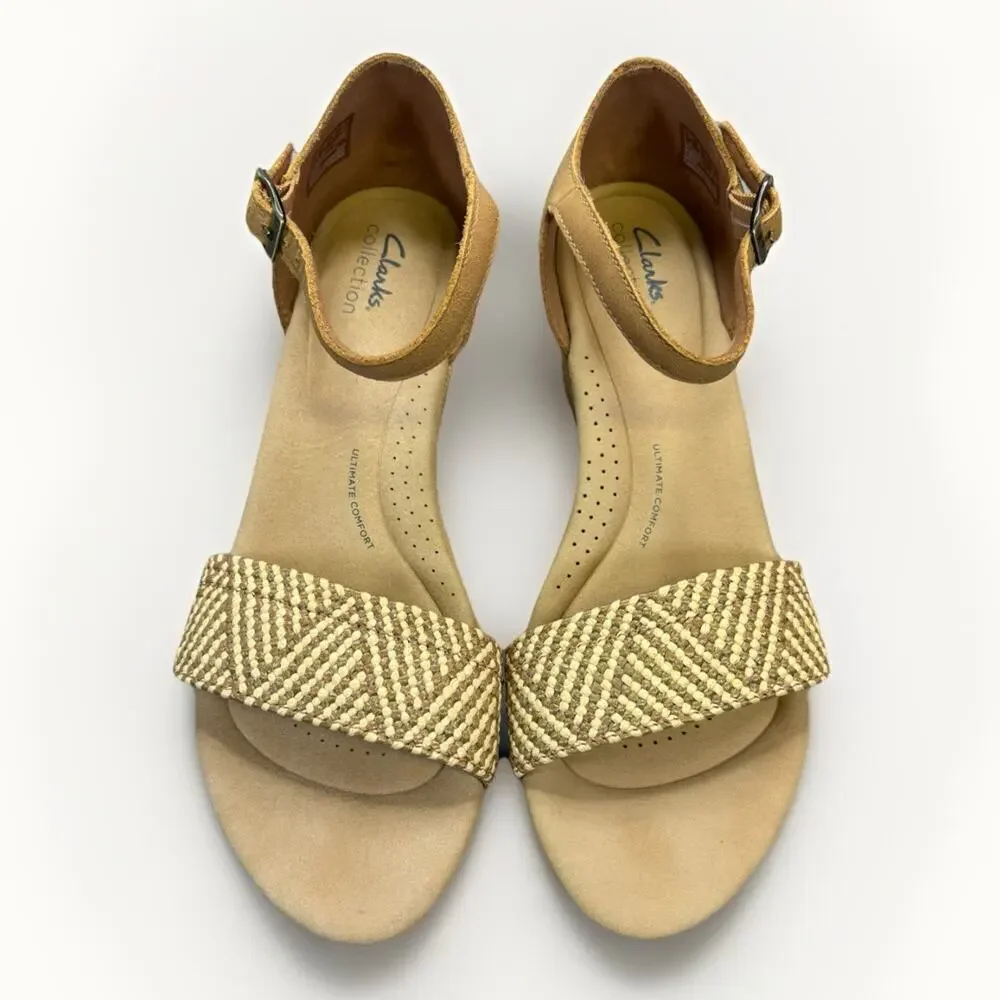 Clark’s Collection Women’s Wedge Sandal Woven Toe Strap, Ankle Buckle Size 10
